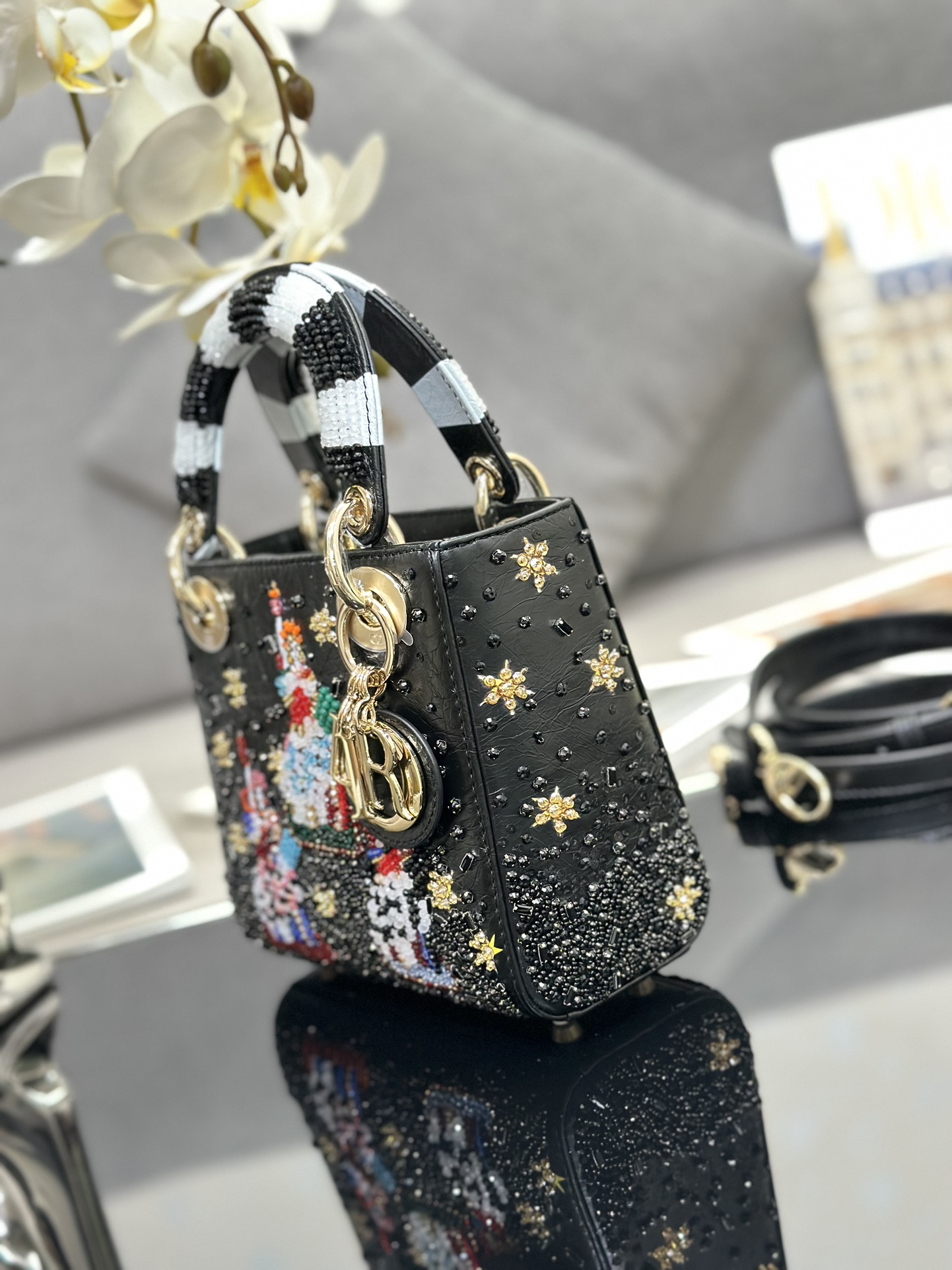 Mini Lady Dior Bag Black Calfskin Lady Liberty Embroidered with Paint Beads